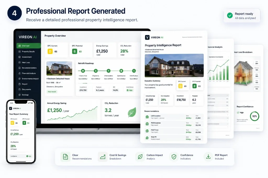 VIREON AI property intelligence platform showing desktop dashboard, report and supporting panels