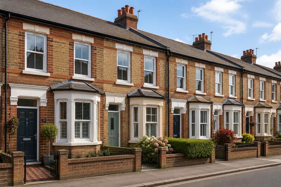 Row of traditional UK terraced houses with bay windows and front gardens