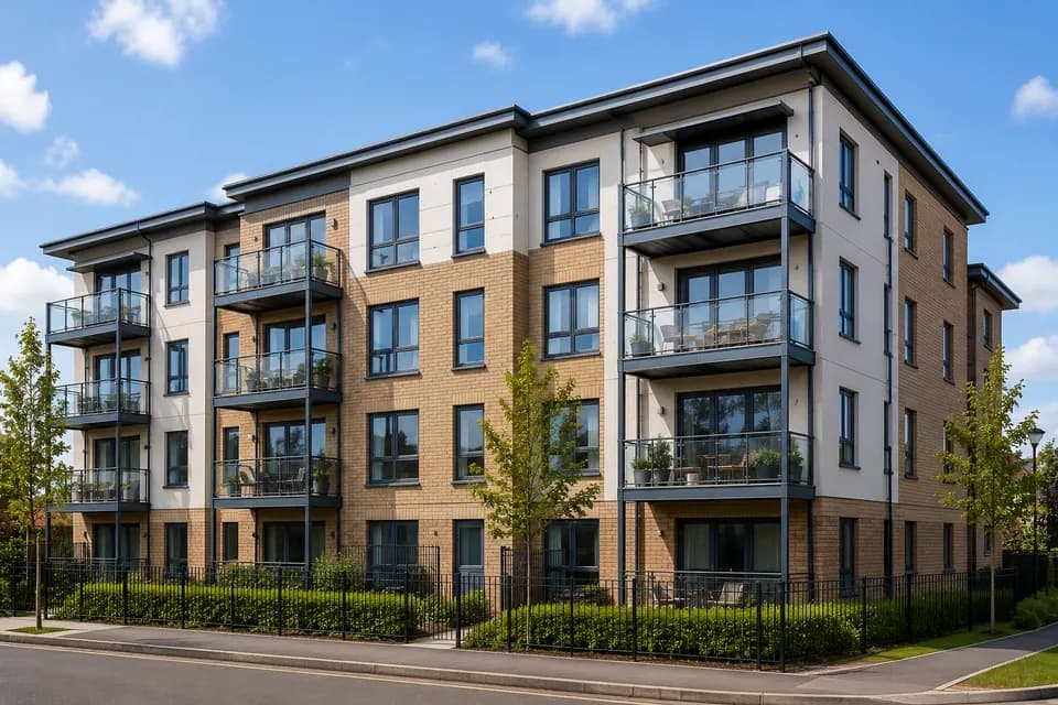 Modern UK apartment building with balconies and landscaped frontage