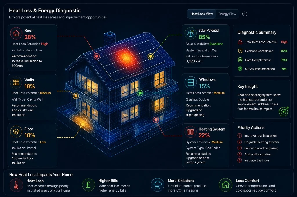 VIREON AI heat loss and energy diagnostic showing roof, walls, floor, windows, solar potential and heating system